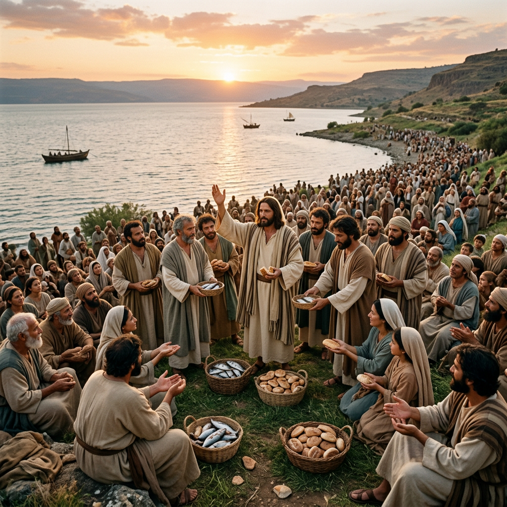 Jesus raising hand in blessing with baskets of bread and fish, surrounded by followers near a lake at sunset