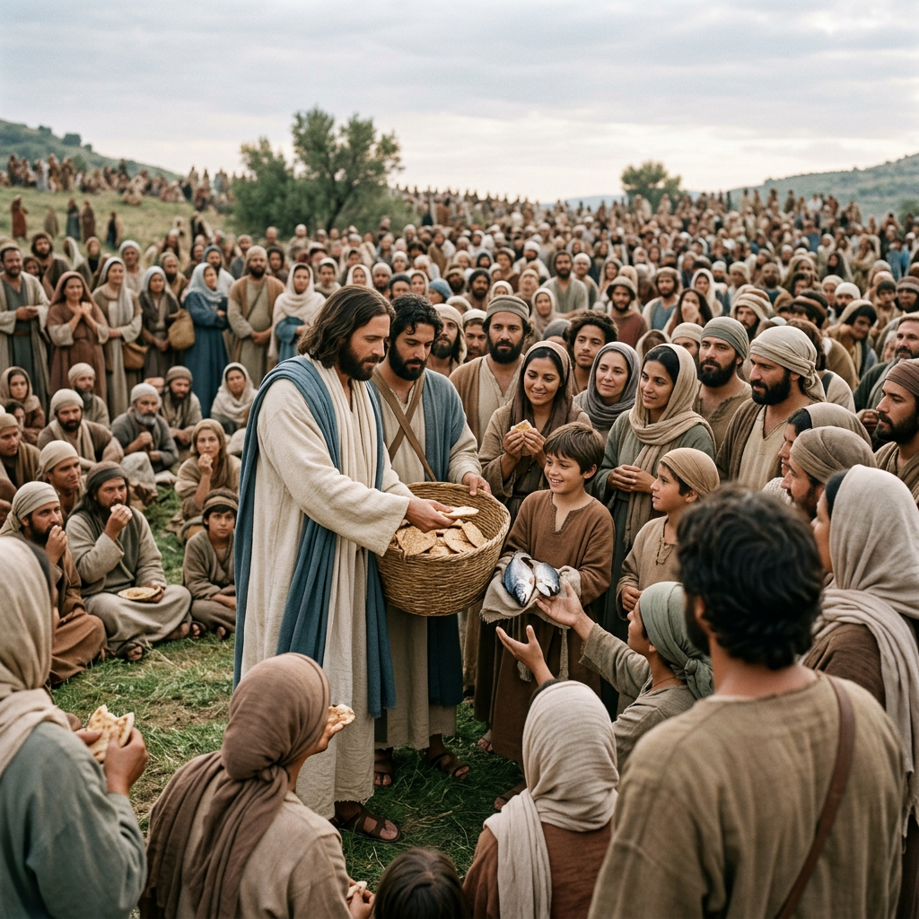A man with a blue and white robe distributes bread from a basket to a crowd holding fish and bread