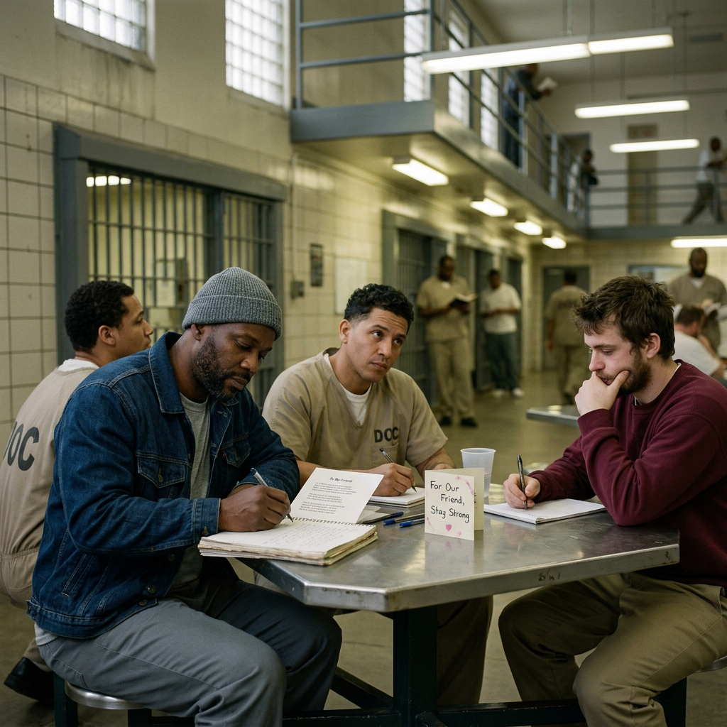 Three men writing notes together at a prison table with 'For Our Friend, Stay Strong' card