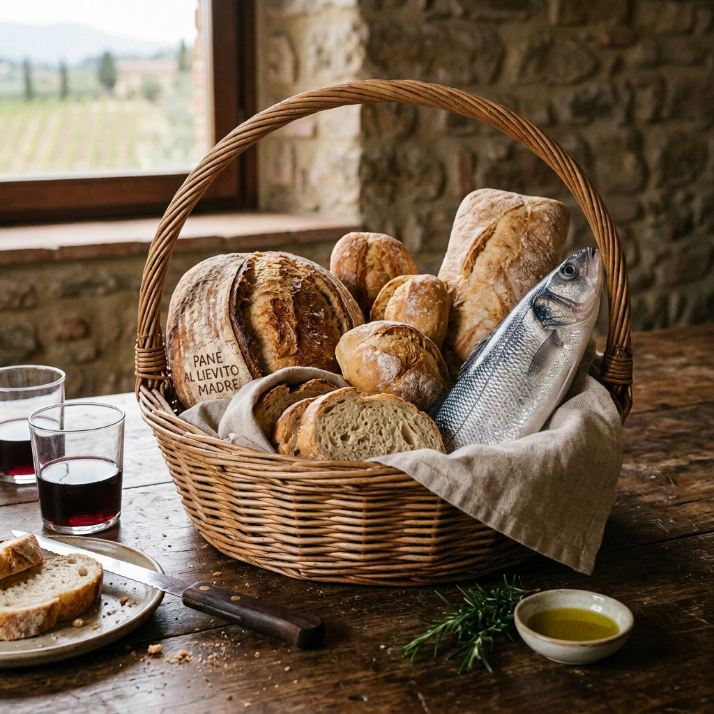 Basket with assorted rustic breads and a bottle of Chianti wine