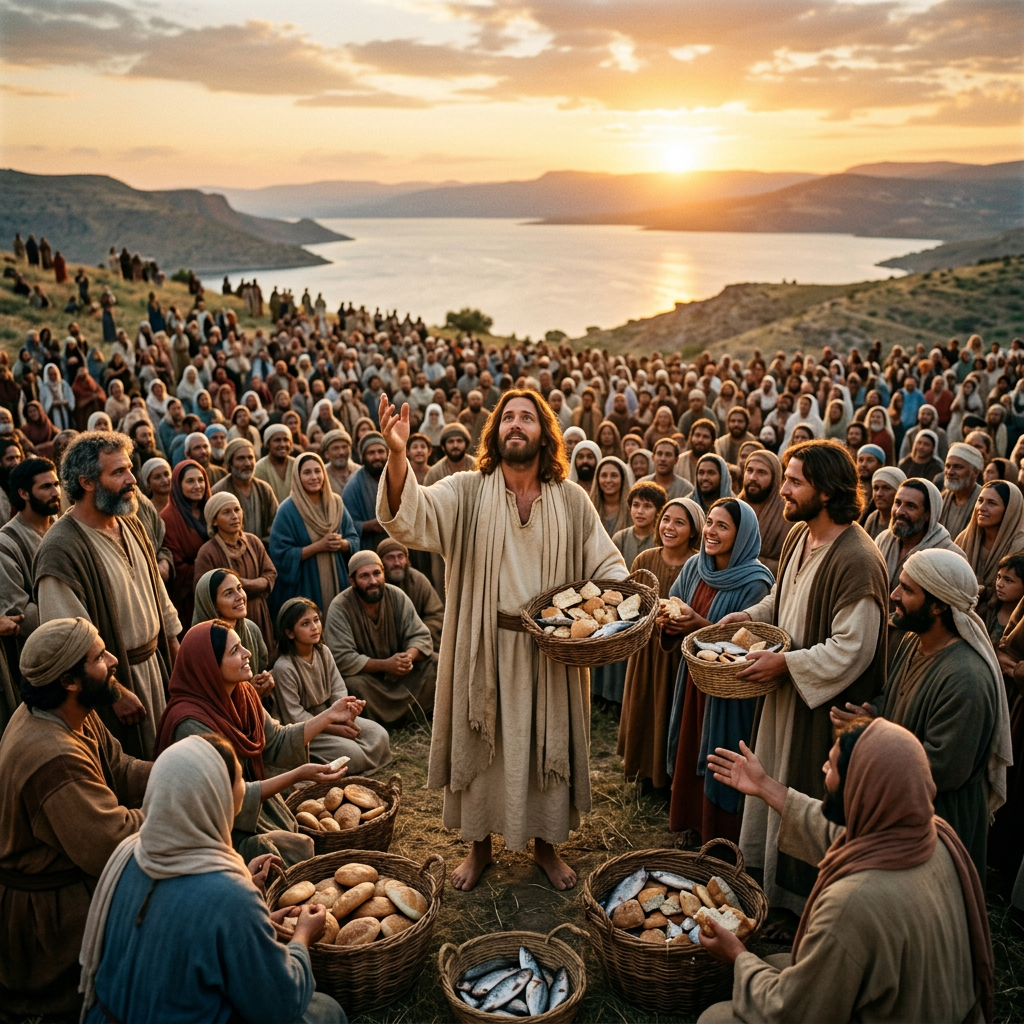 Jesus holding baskets of bread and fish surrounded by a large crowd of people outdoors near a lake at sunset
