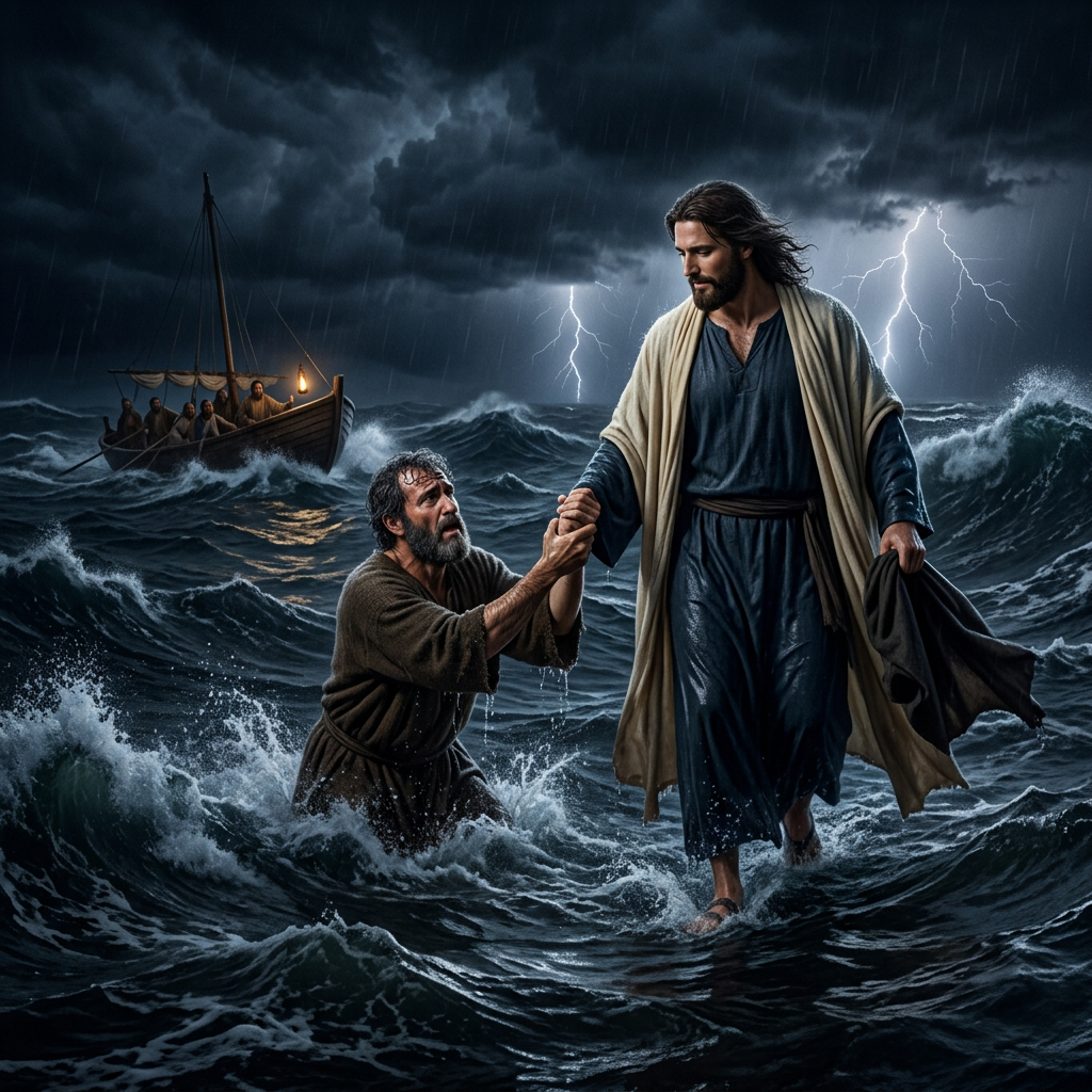 Jesus helping Peter walk on water during a storm with lightning and boat in background