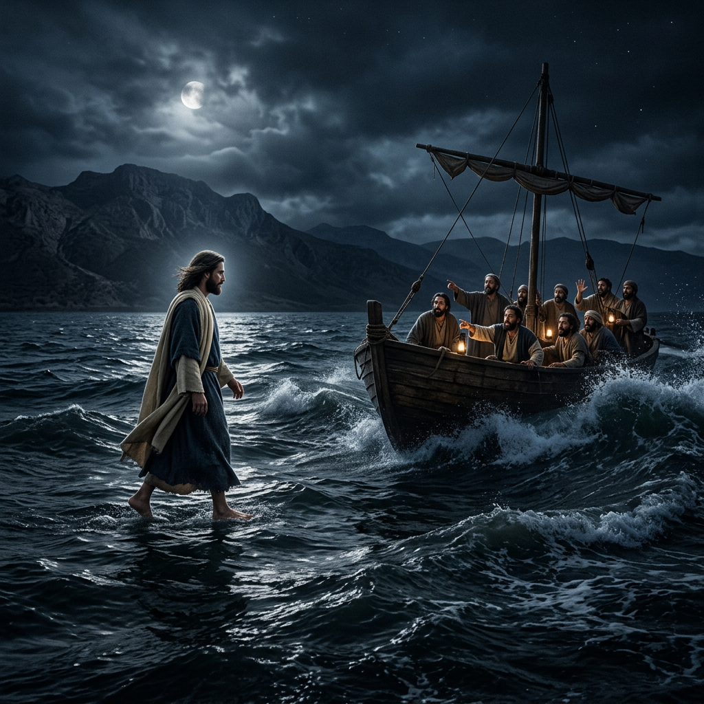 Jesus walking on water approaching a boat with disciples holding lanterns
