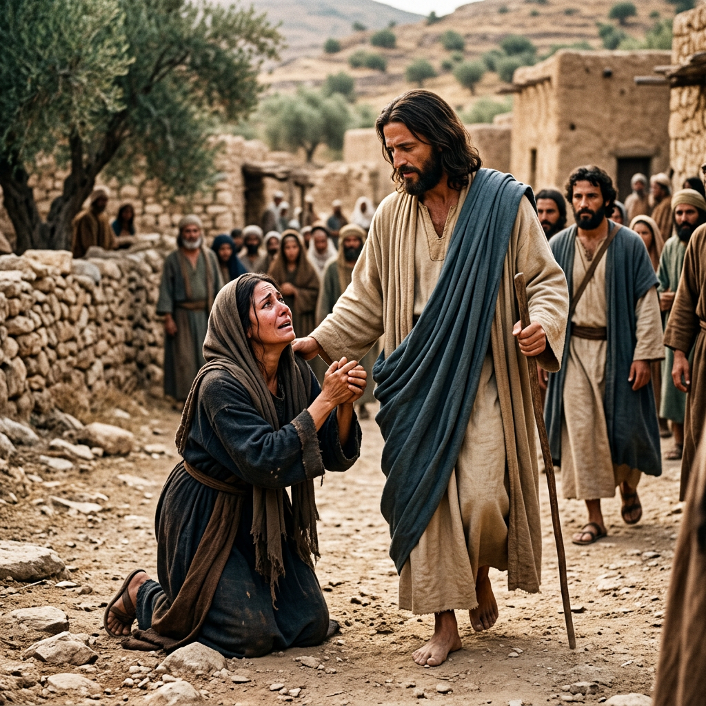 A woman kneeling and holding a man's hand in a biblical village with onlookers.