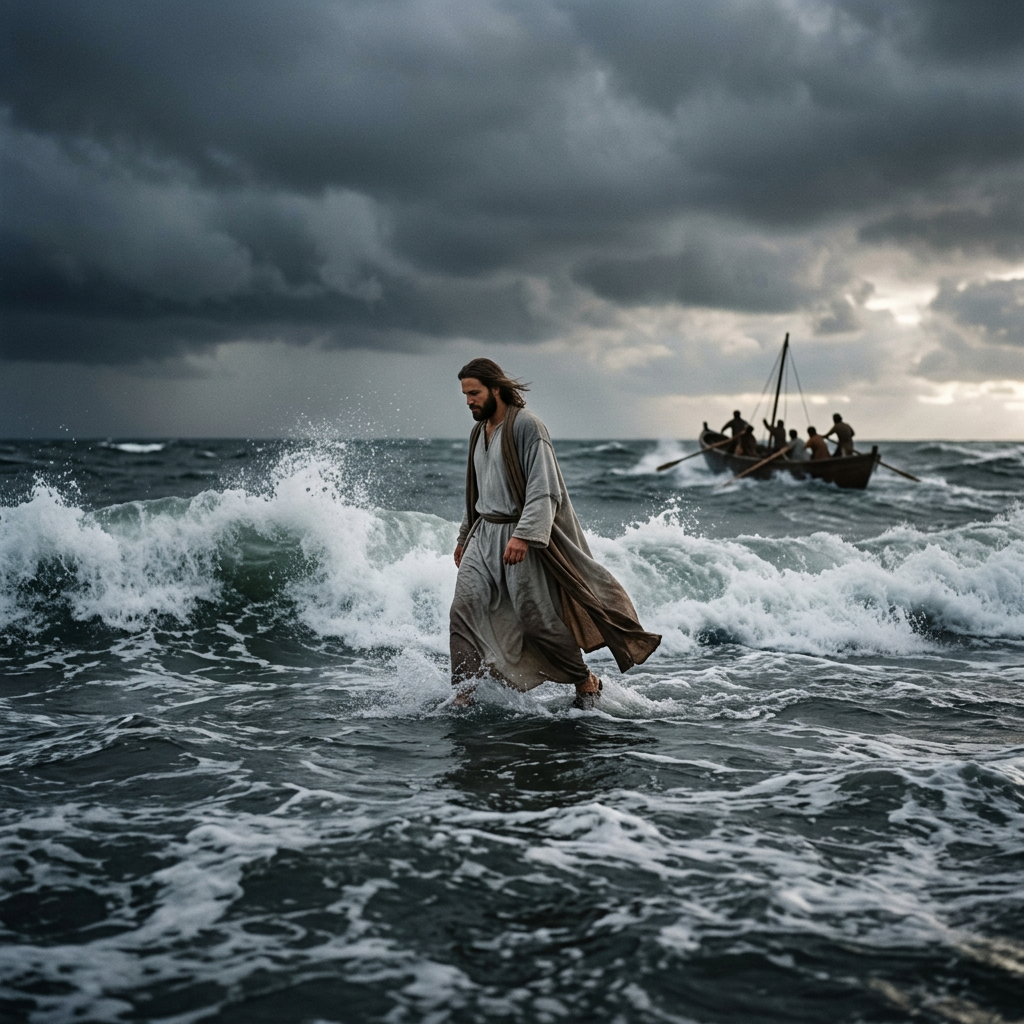 Jesus walking on stormy sea toward boat