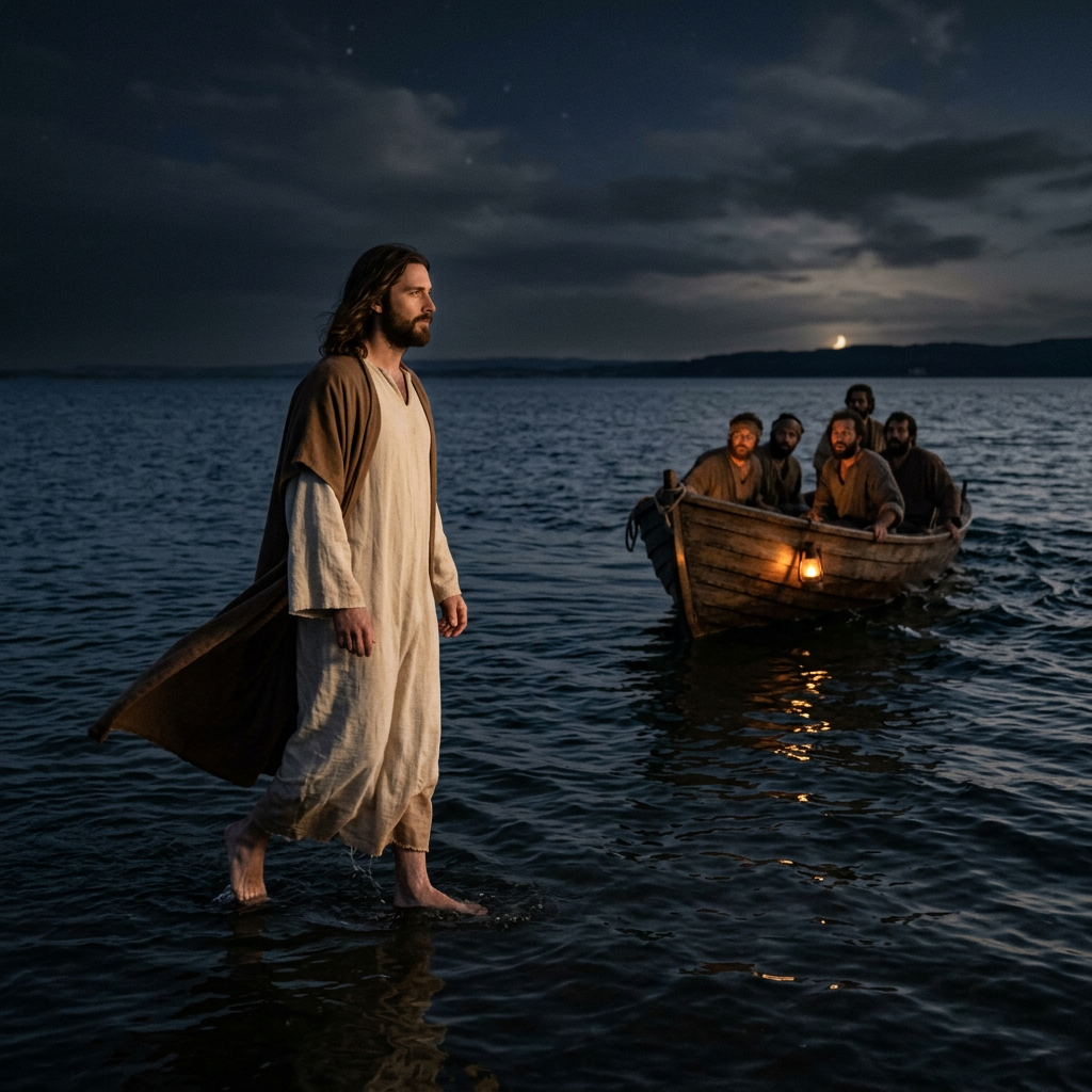 Man dressed as Jesus walking on water at night with a boat carrying five men and a lantern behind him