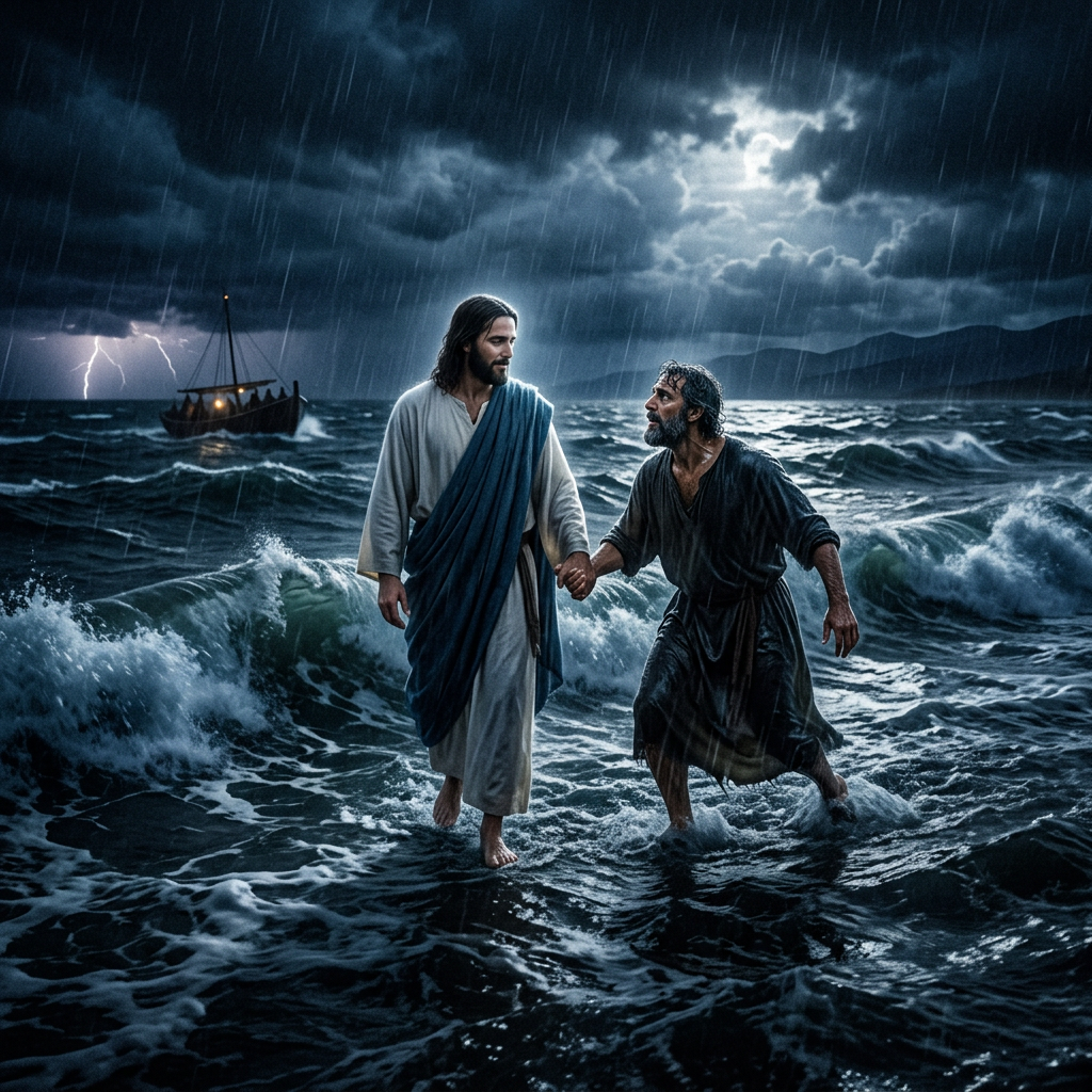 Jesus supporting a man as they walk on stormy sea water at night with a boat and lightning in the background