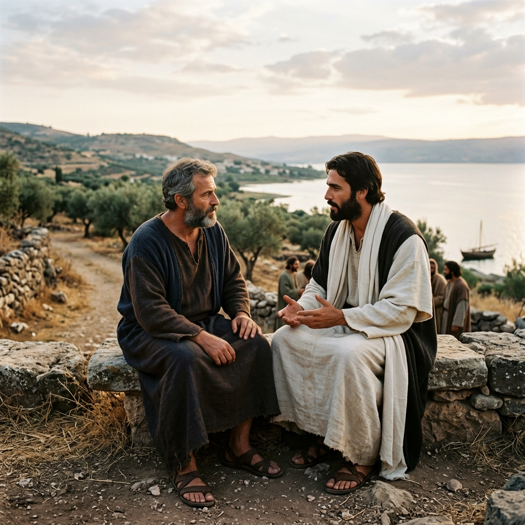 Two robed men converse beside a stone wall overlooking a lake.