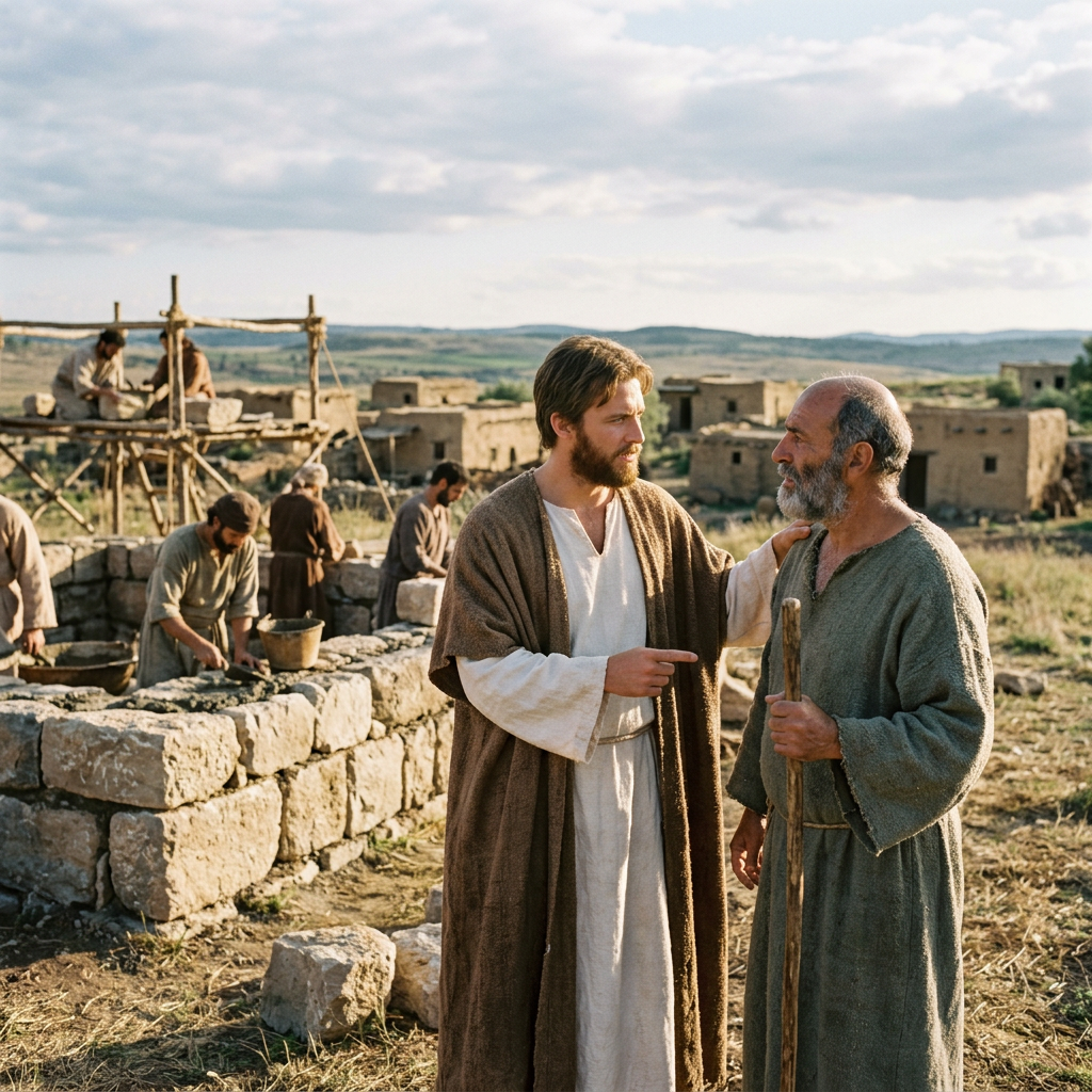 Two robed men converse beside workers rebuilding a stone village.