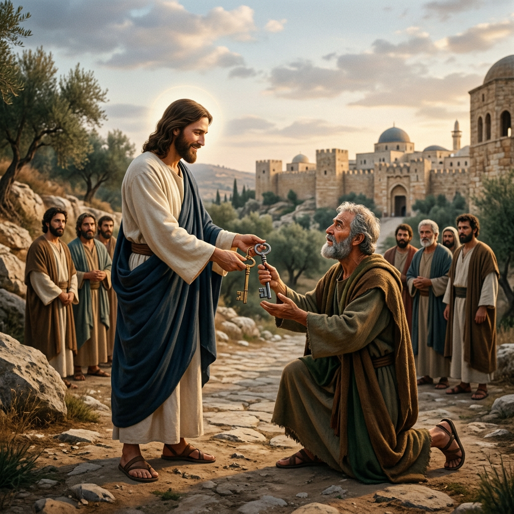 Jesus handing two keys to a kneeling disciple before an ancient city