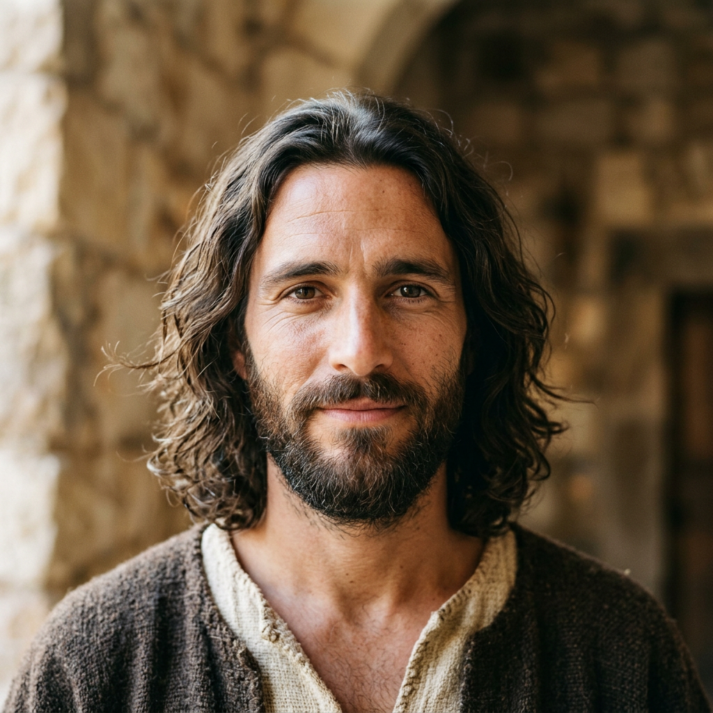 Bearded man with long hair wearing rustic clothing indoors