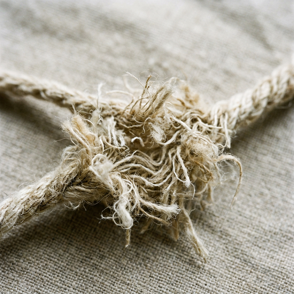 Heavily frayed natural-fiber rope on textured fabric