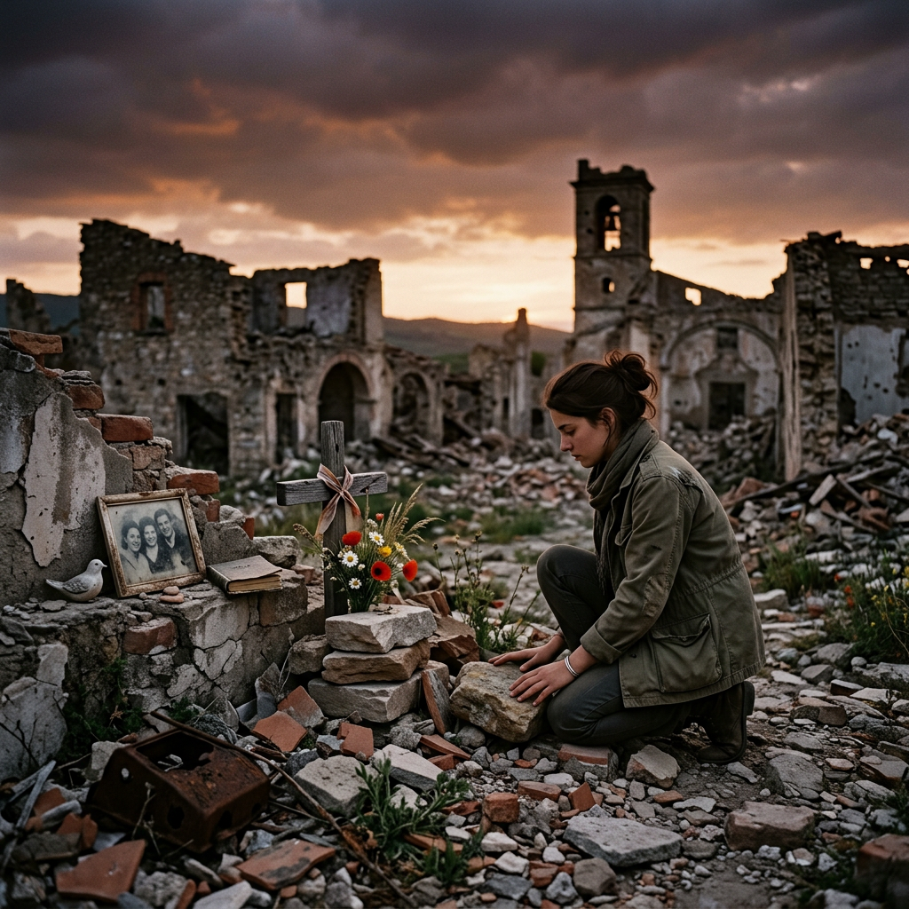 Woman kneeling beside a cross, flowers, and framed family photograph among ruined buildings