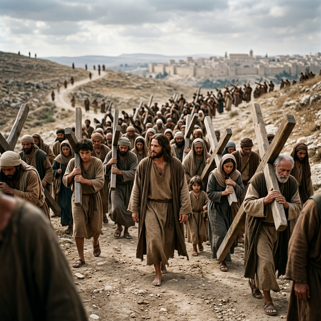 Jesus leading a crowd carrying wooden crosses toward an ancient city