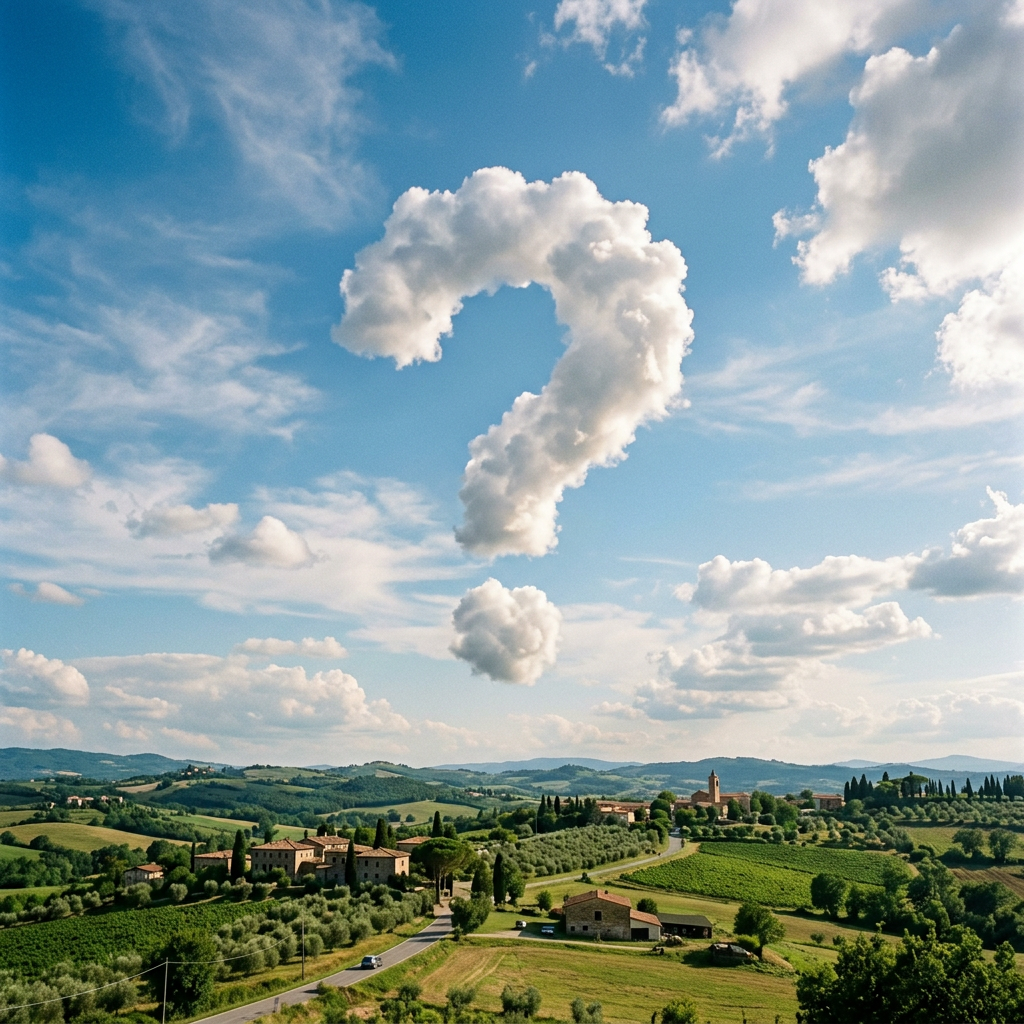 Question-mark-shaped cloud above rolling Tuscan hills and vineyards