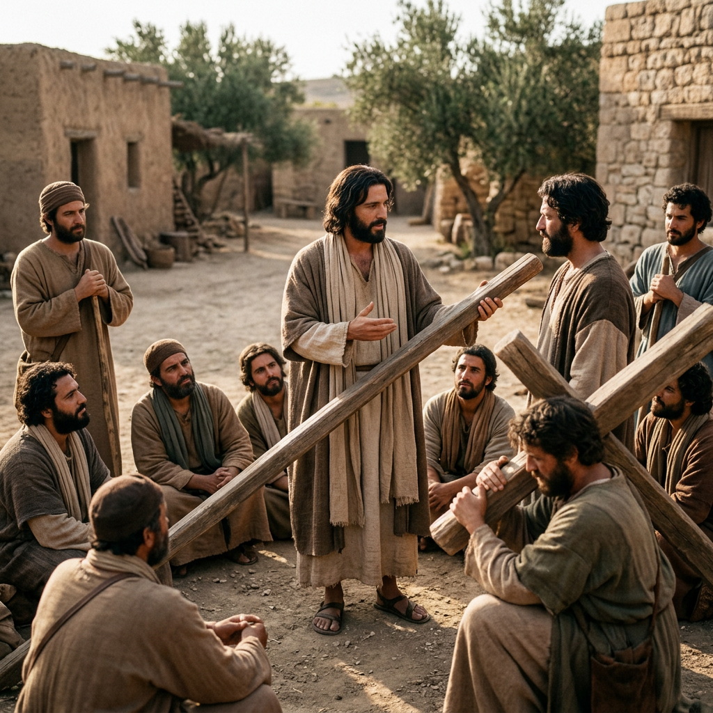 Bearded teacher addressing men carrying wooden crosses in an ancient village