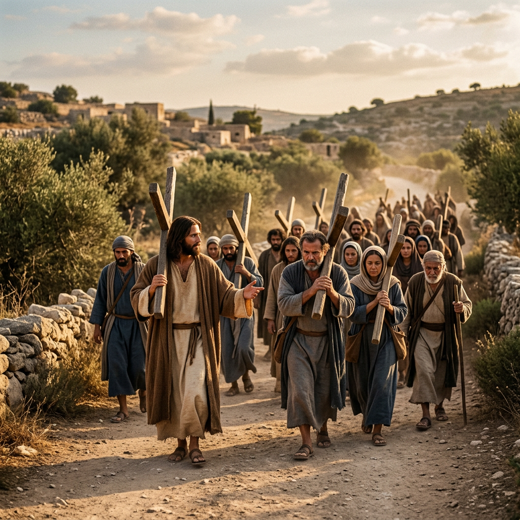 Jesus-like figure leads robed people carrying wooden crosses along a rural path