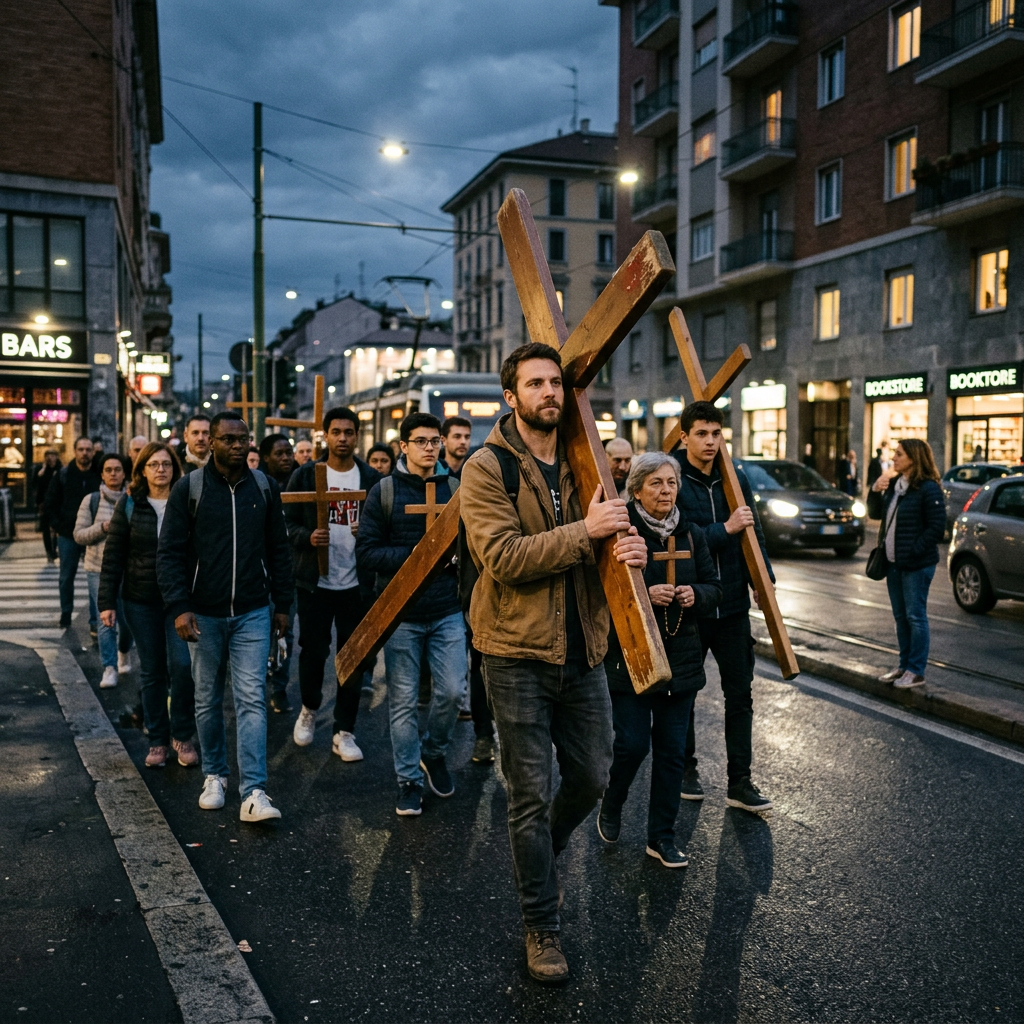 Group carrying large wooden crosses through a city street at dusk