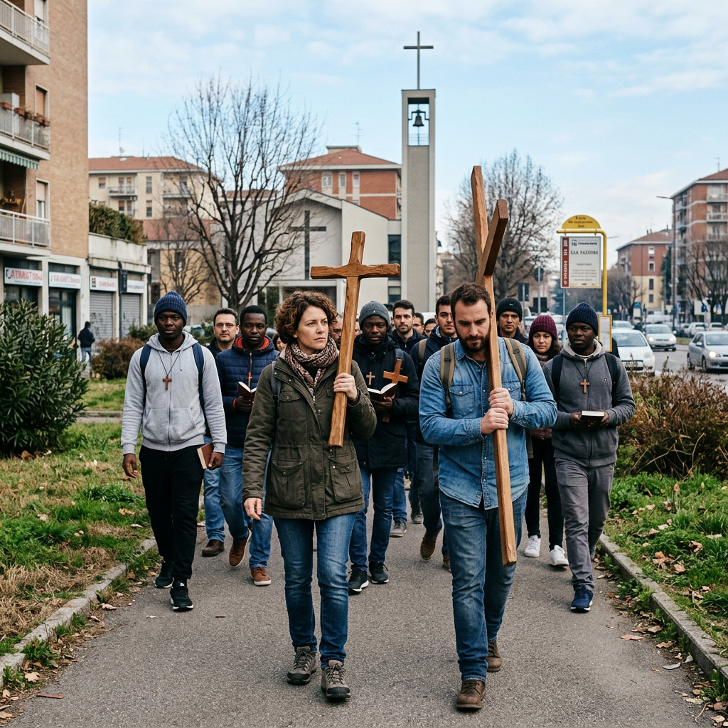 Diverse group carrying crosses and prayer books through an urban neighborhood