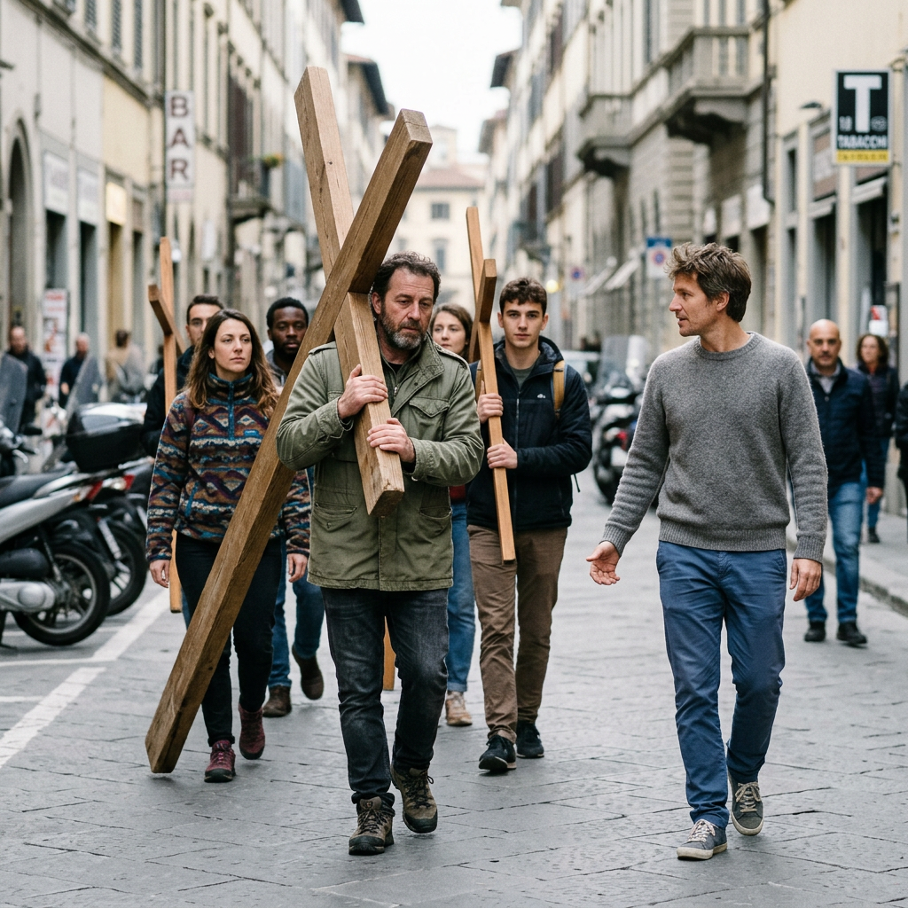 Group of people carrying large wooden crosses through a city street