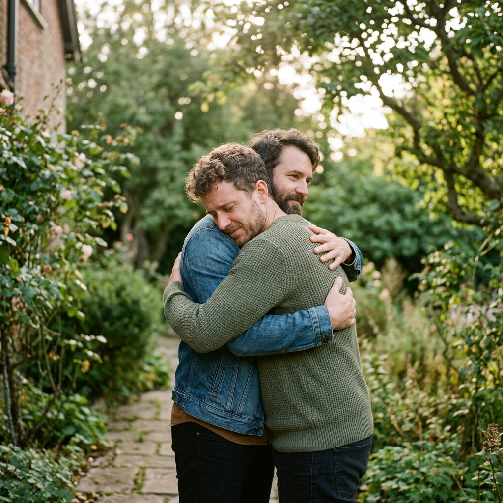 Two men embracing on a leafy garden path