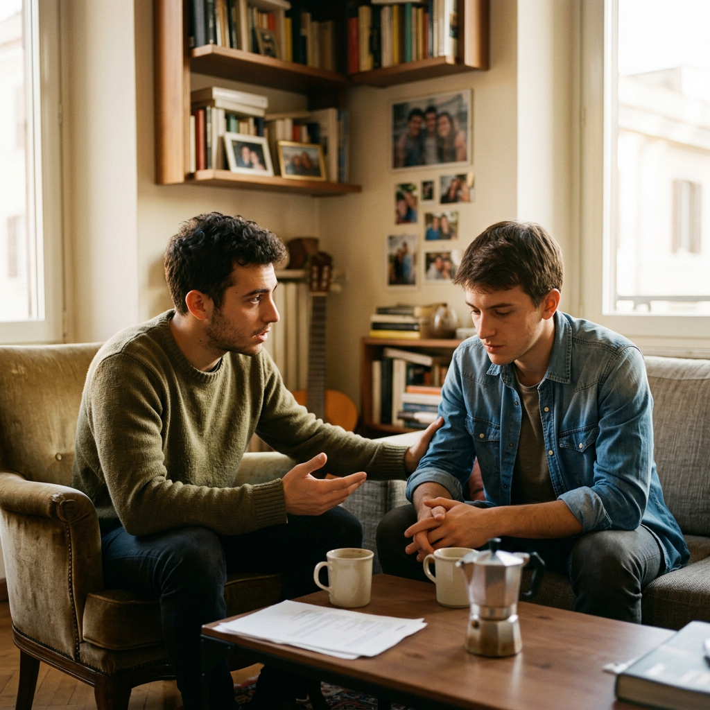 Two friends talking over coffee in a cozy living room
