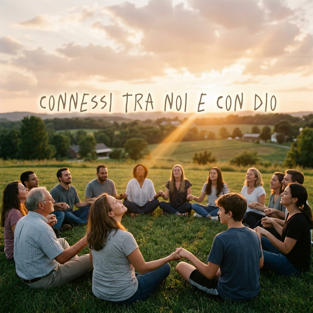 Group holding hands in a field beneath text reading CONNESSI TRA NOI E CON DIO