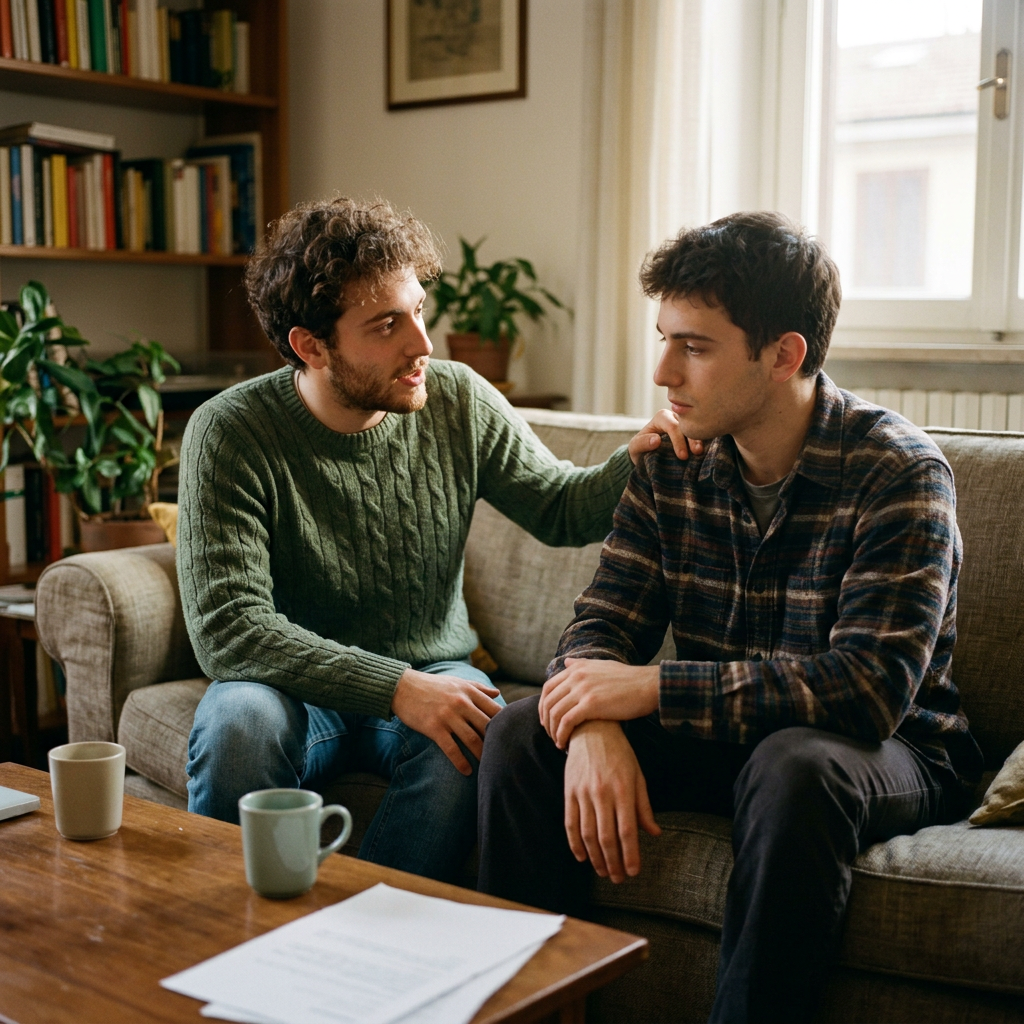 Two men talking on a sofa in a cozy living room