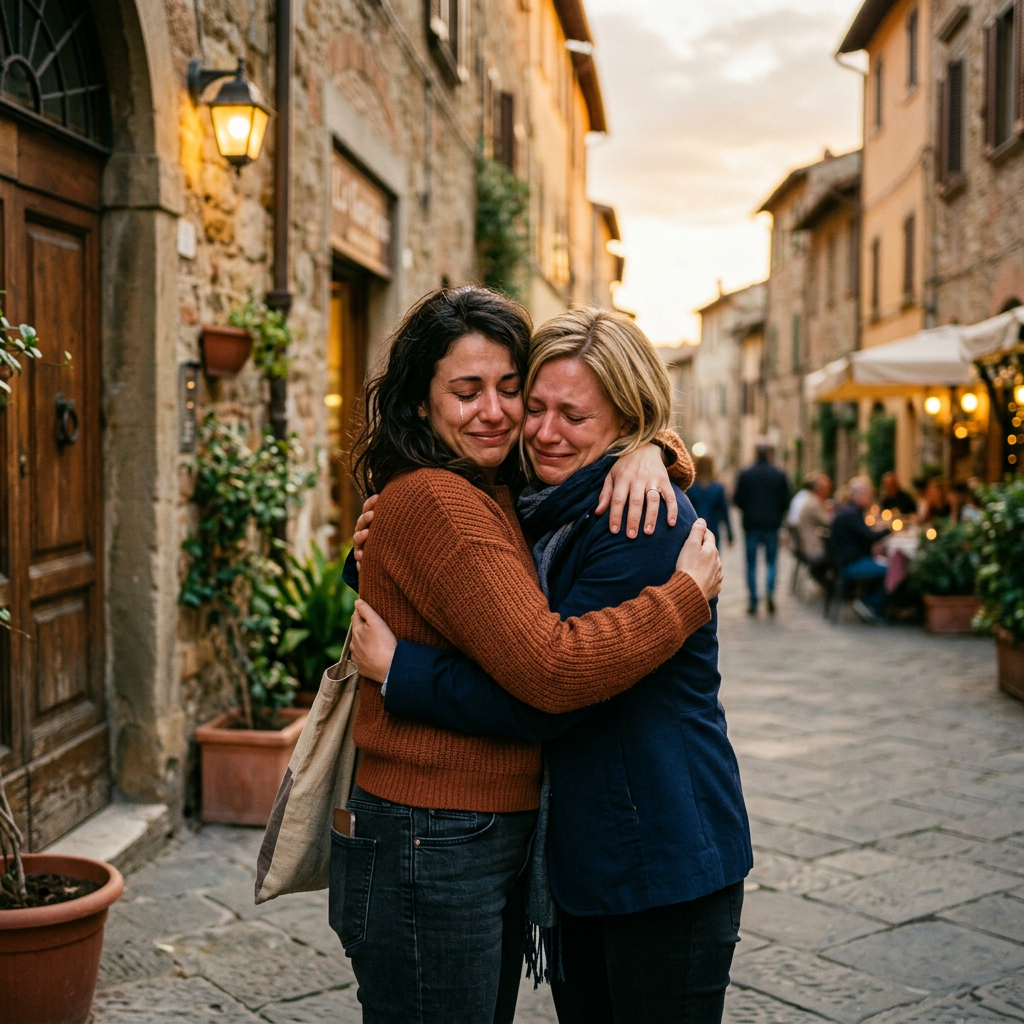Two women embracing emotionally on a historic village street