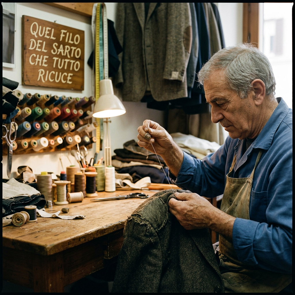 Older tailor hand-stitching a garment in a workshop surrounded by thread spools
