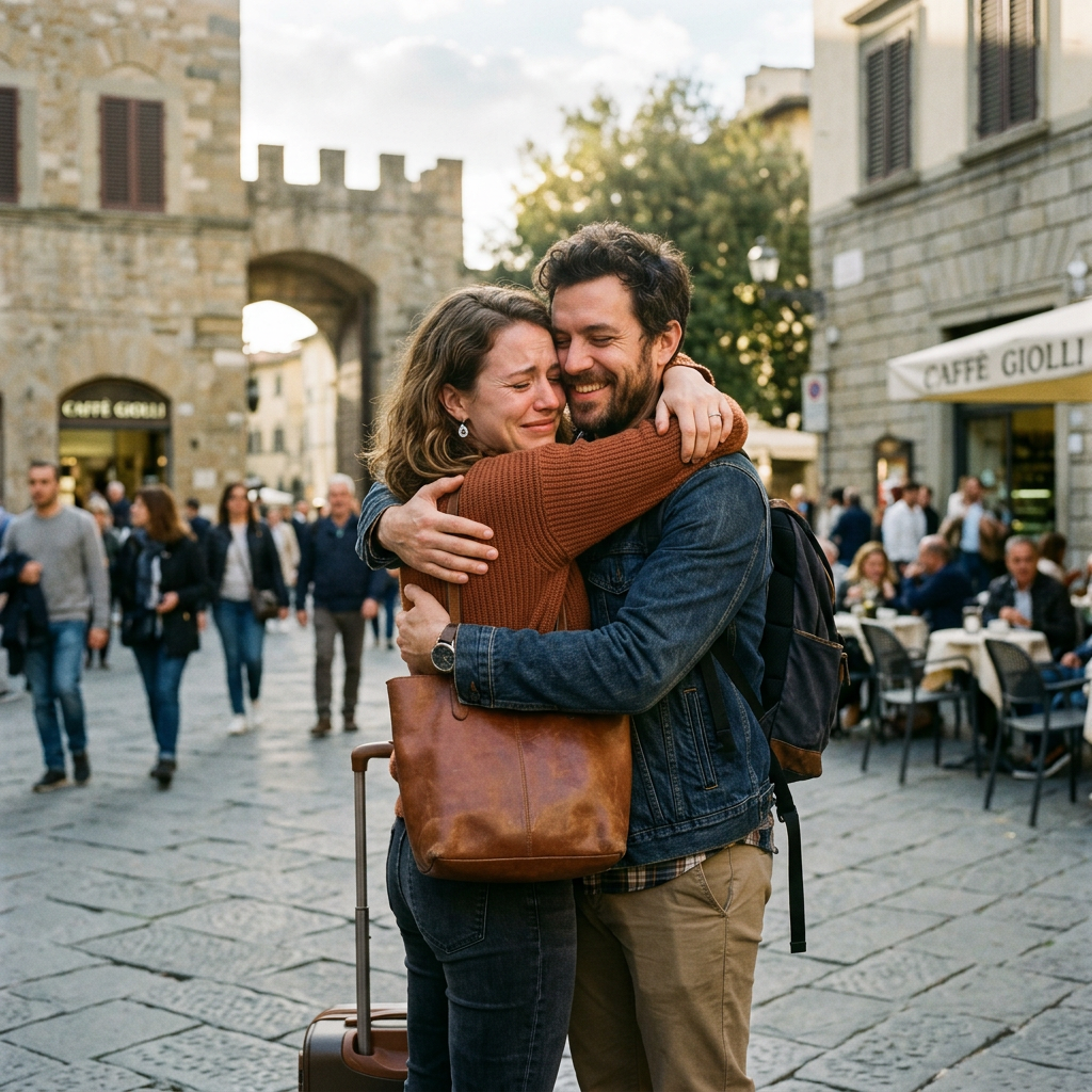 Couple embracing in a historic Italian piazza beside a café