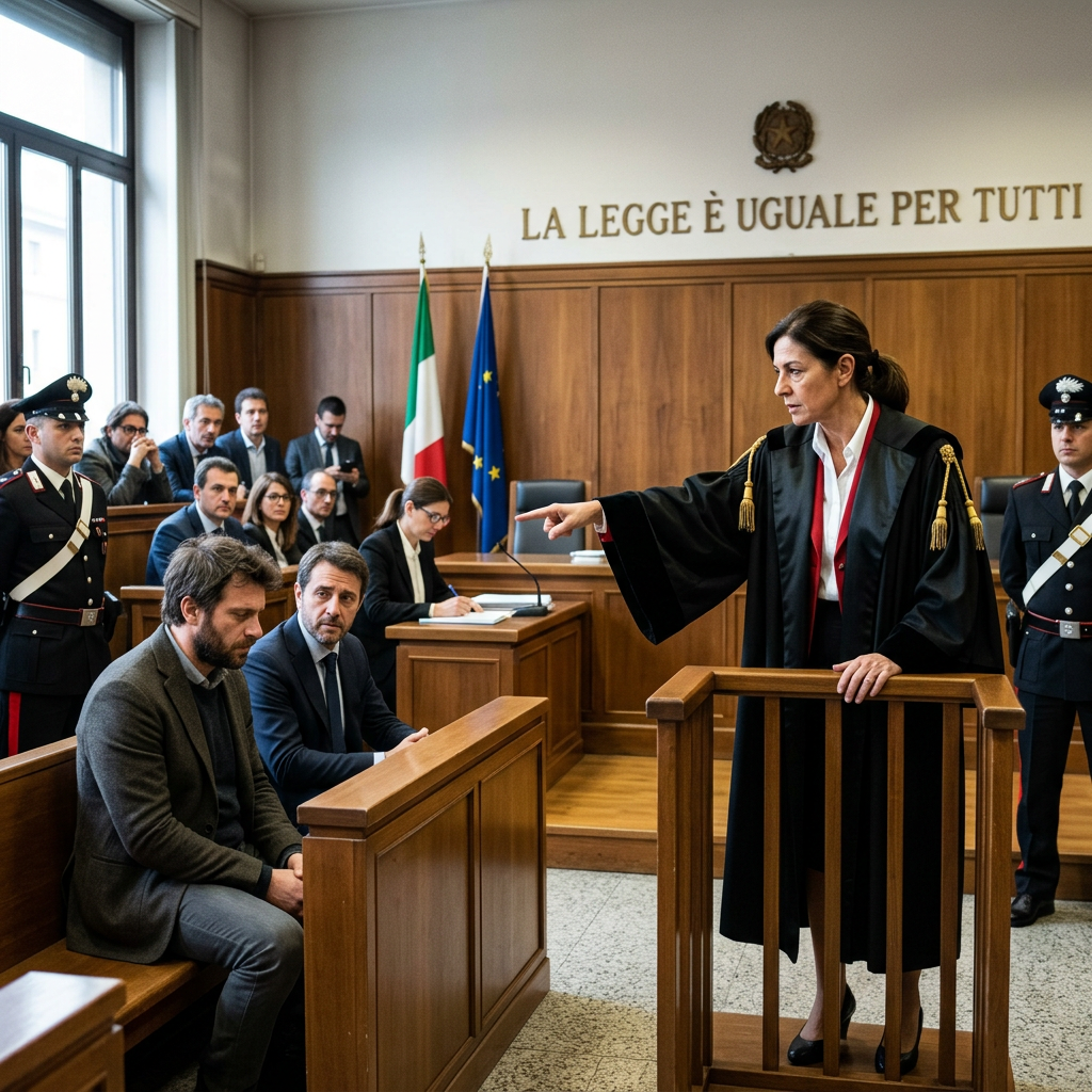 Italian courtroom with judge, defendants, guards, flags, and text: LA LEGGE È UGUALE PER TUTTI
