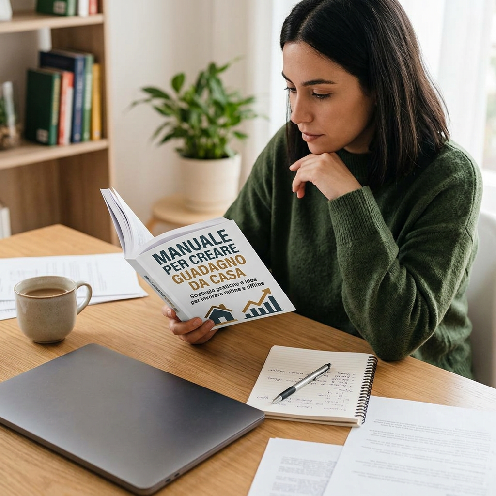 Woman reading an Italian guide to creating a home-based business