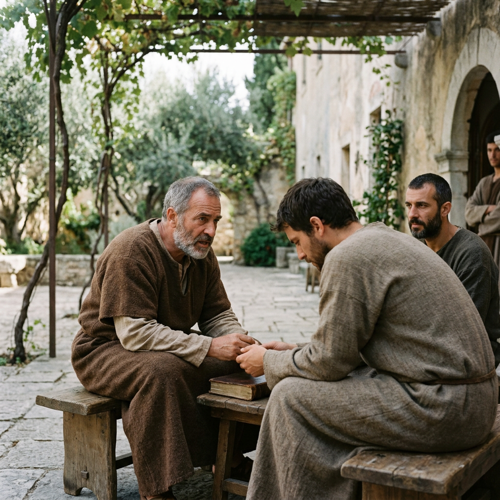 Two robed men converse beside a book in a stone courtyard
