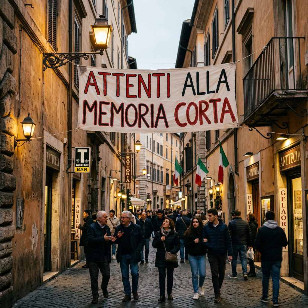 Crowded Italian street with banner reading ATTENTI ALLA MEMORIA CORTA