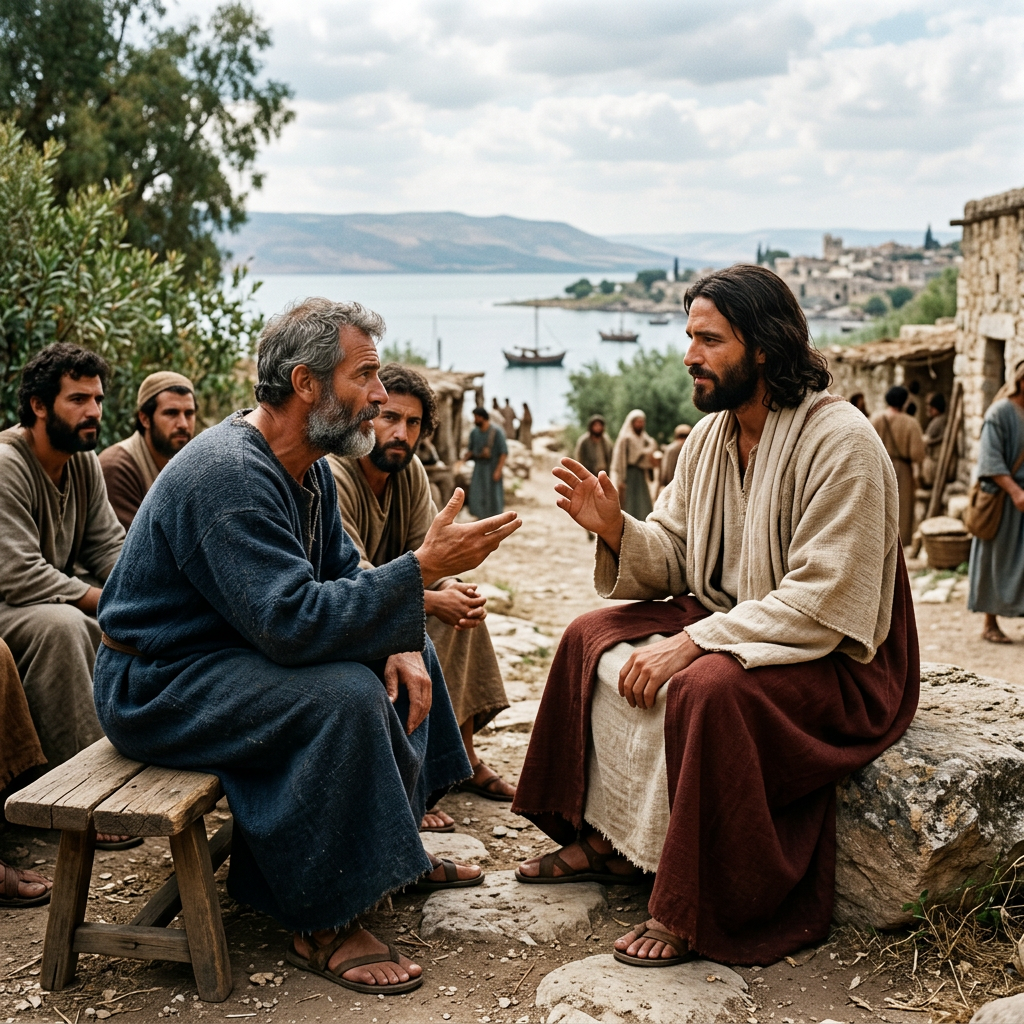 Bearded teacher speaking with men beside a lakeside village
