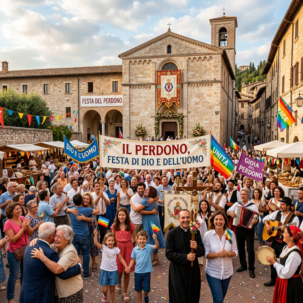 Crowd at Festa del Perdono outside church; banners read “Il Perdono, Festa di Dio e dell’Uomo,” “Unità,” “Pace,” and “Gioia del Perdono.”