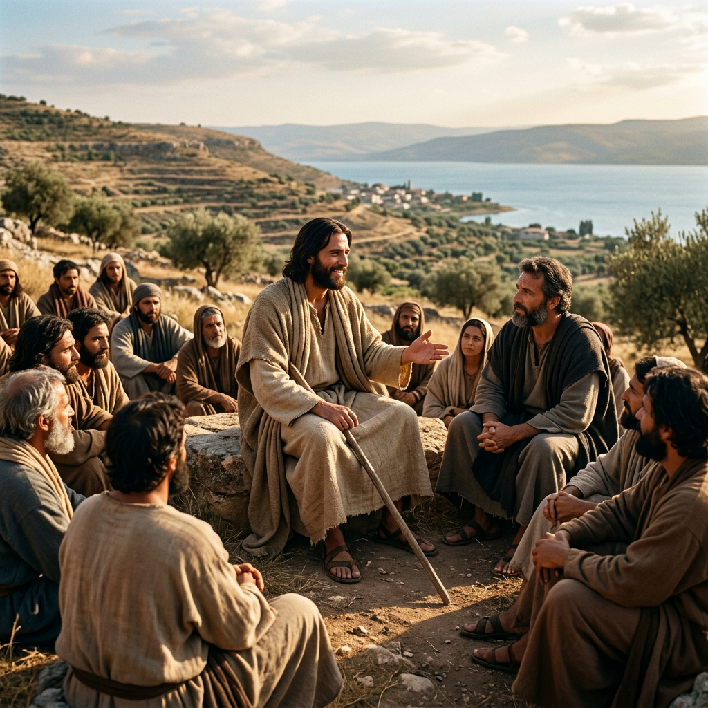Jesus teaching a group of disciples on a hillside beside the sea