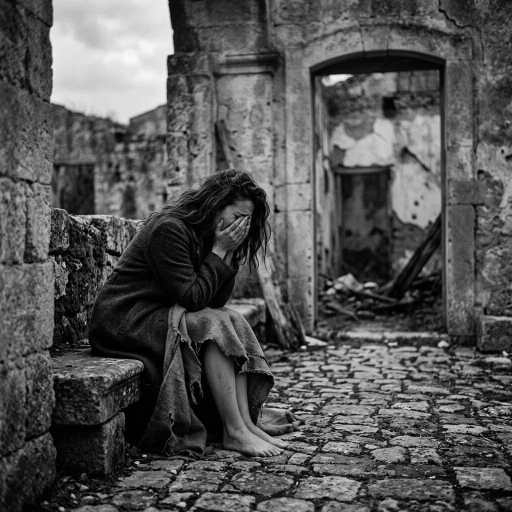 Grieving woman covering her face while seated among war-damaged stone ruins