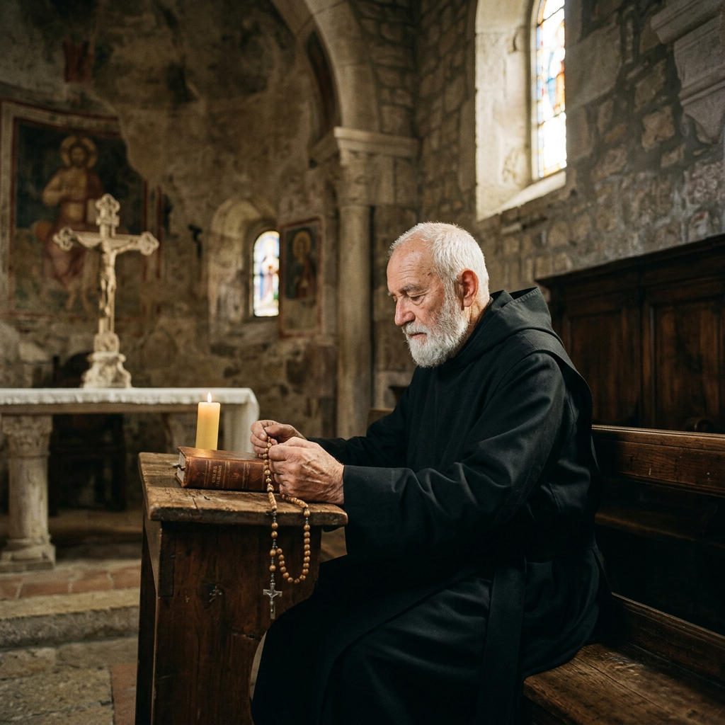 Monk praying with rosary beads beside a candle in a stone chapel