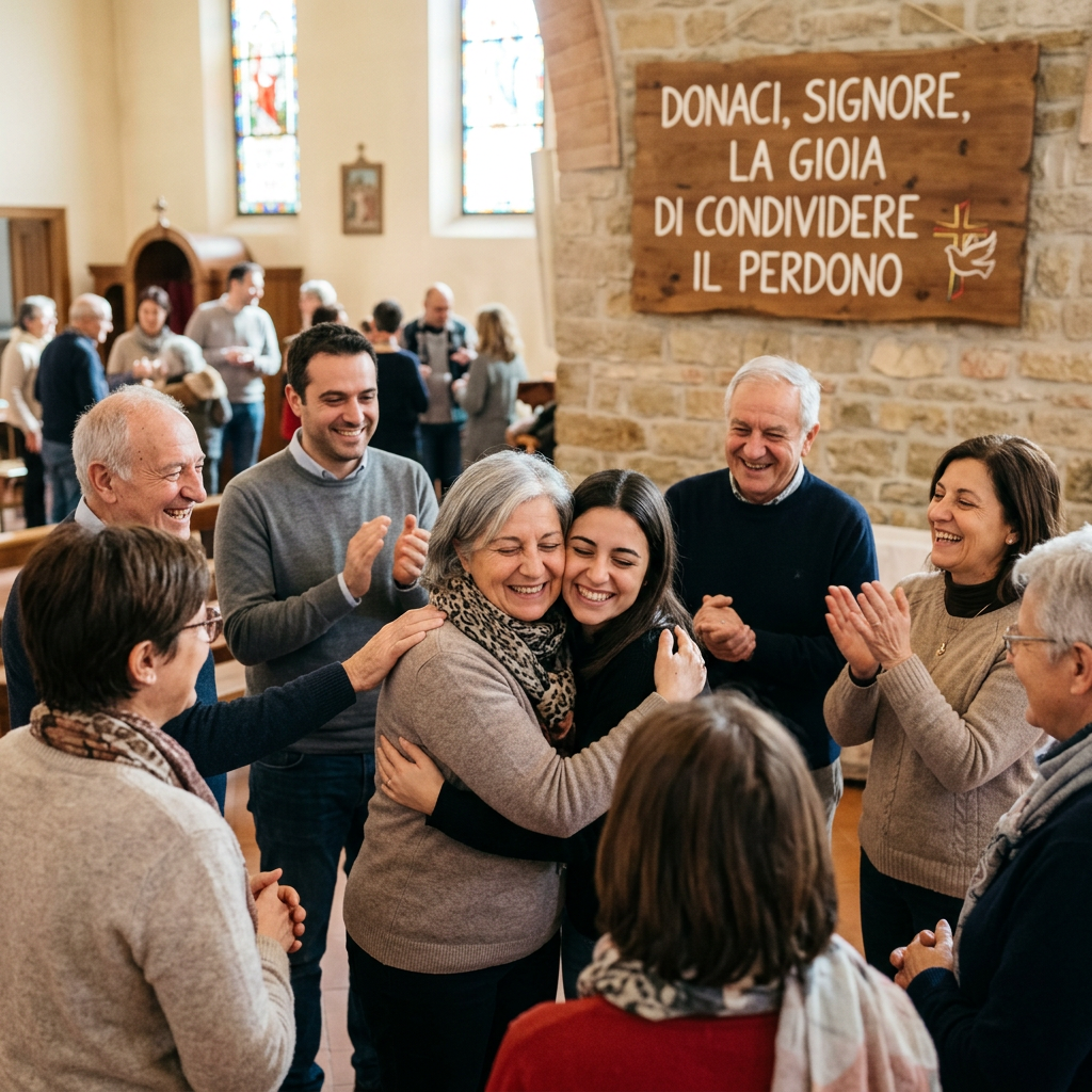 People embracing and applauding inside a church beneath a sign reading “DONACI, SIGNORE, LA GIOIA DI CONDIVIDERE IL PERDONO”