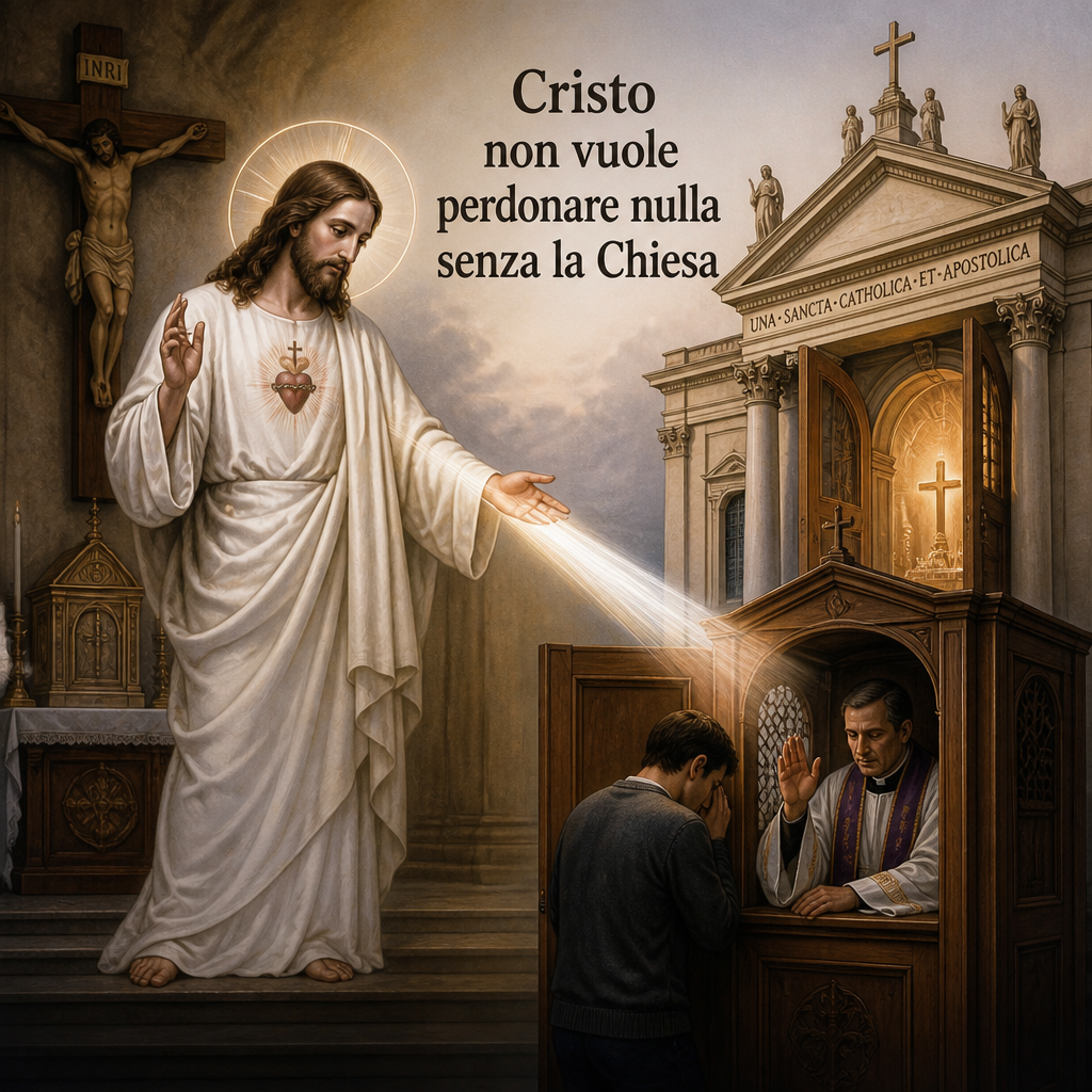 Jesus, crucifix, church confession, and text: “Cristo non vuole perdonare nulla senza la Chiesa”; “UNA · SANCTA · CATHOLICA · ET · APOSTOLICA”