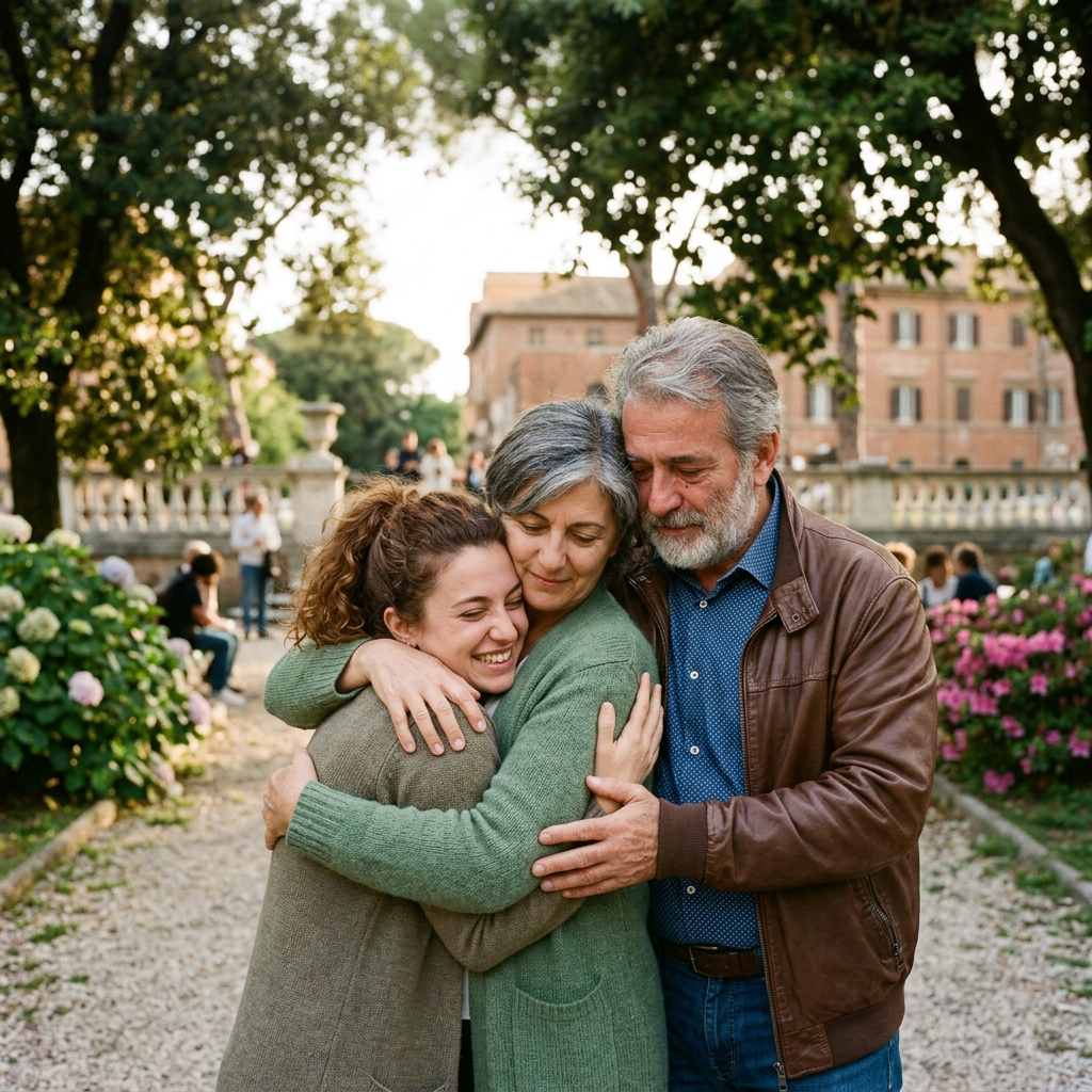 Three family members embracing in a garden surrounded by flowers