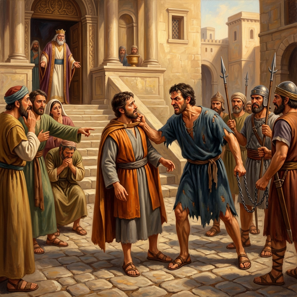 Angry man confronting another man as soldiers and onlookers gather in an ancient city courtyard
