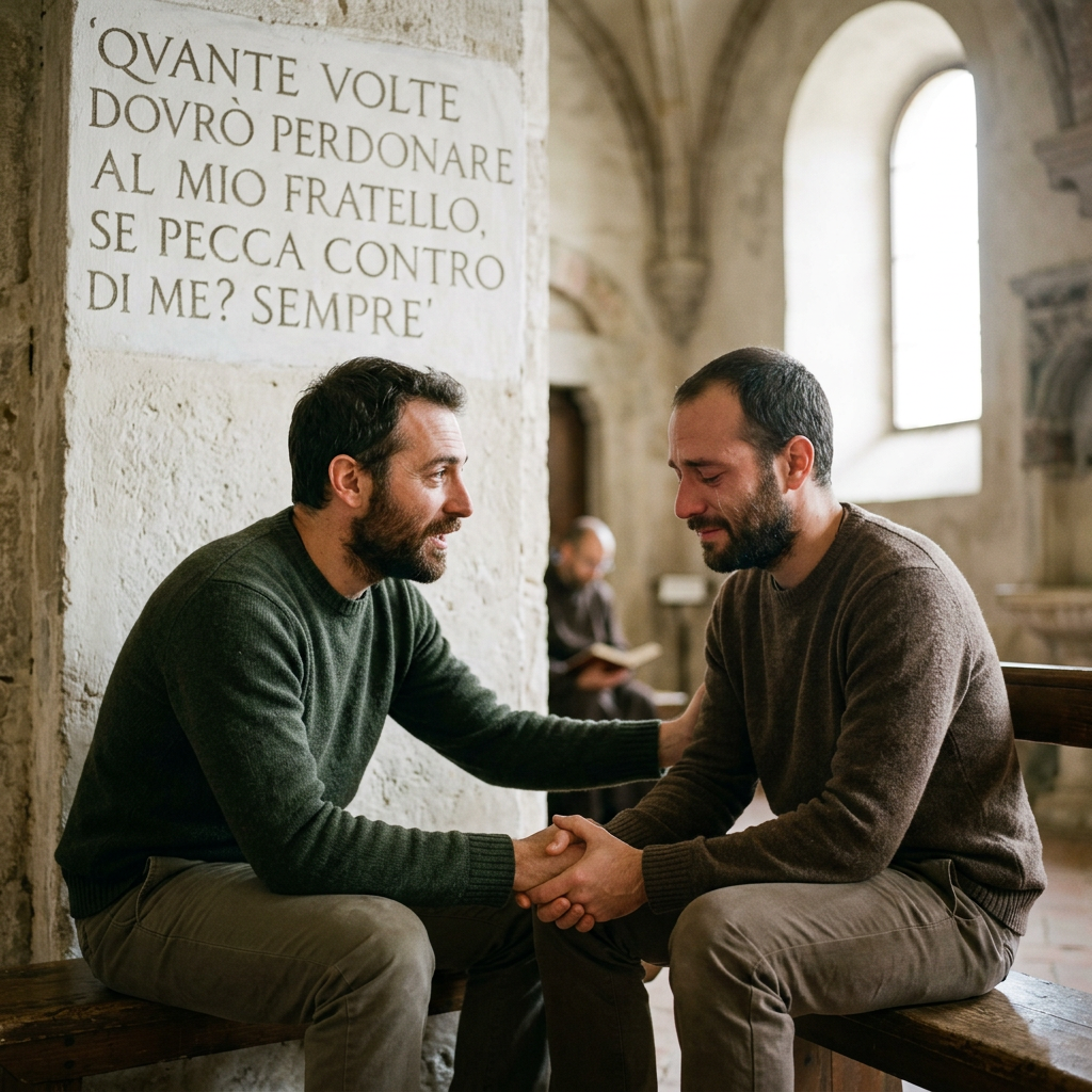 Two men clasp hands beneath text: “QVANTE VOLTE DOVRÒ PERDONARE AL MIO FRATELLO, SE PECCA CONTRO DI ME? SEMPRE”