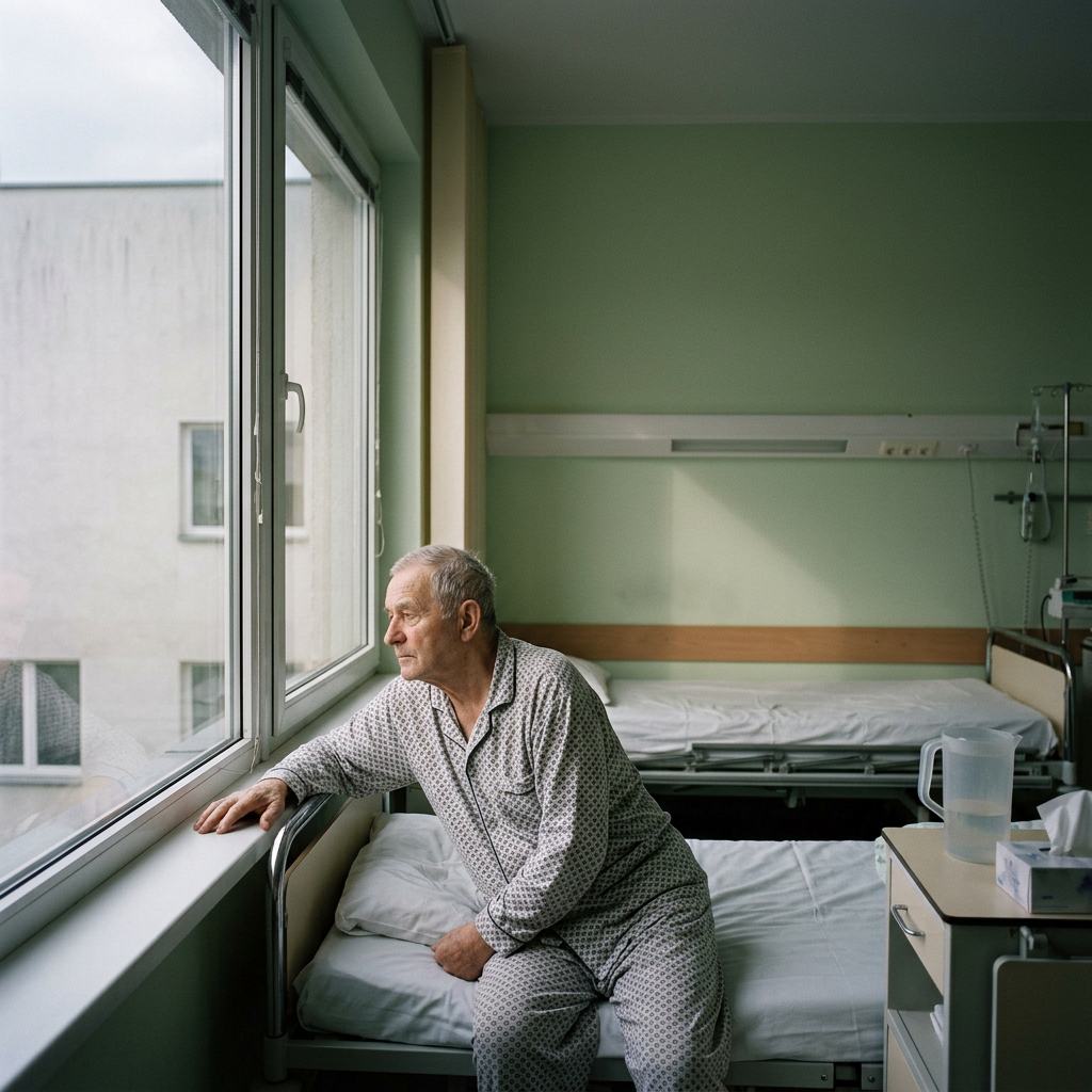Older man in hospital pajamas sitting beside a window in a hospital room