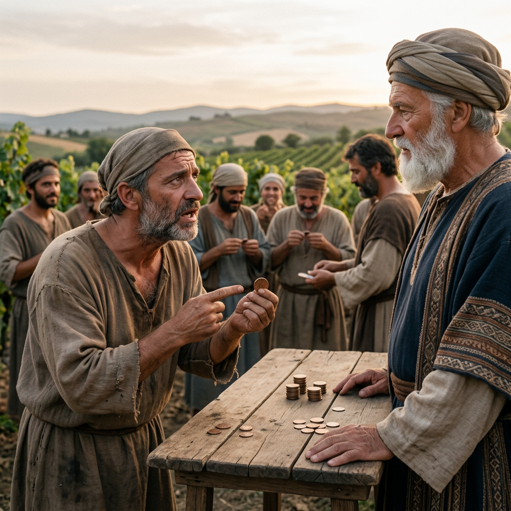 Two men discuss coins at a wooden table in a vineyard.