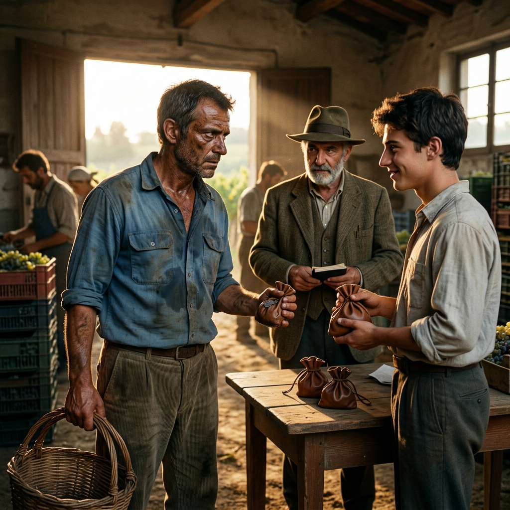 Three men exchanging small leather pouches inside a sunlit farmhouse market