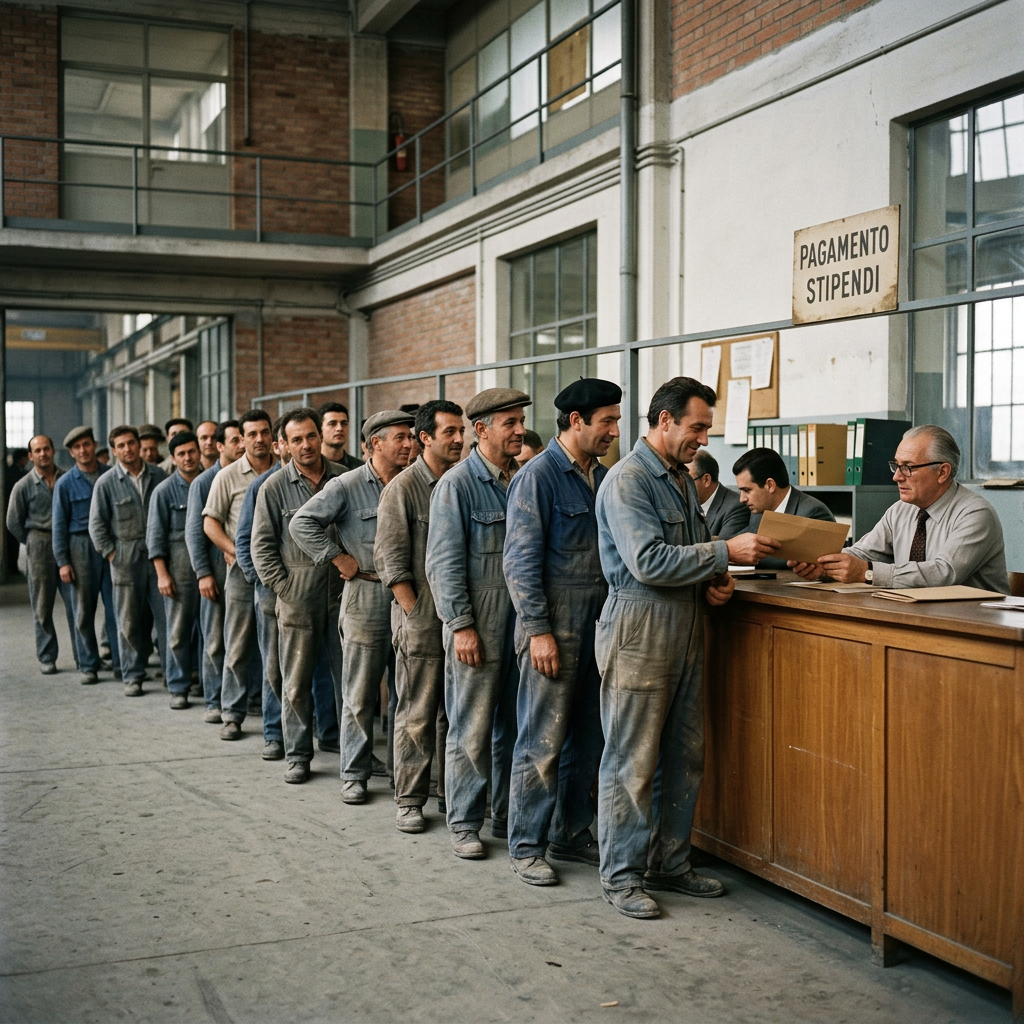 Factory workers queue at a desk marked “PAGAMENTO STIPENDI” to collect wages