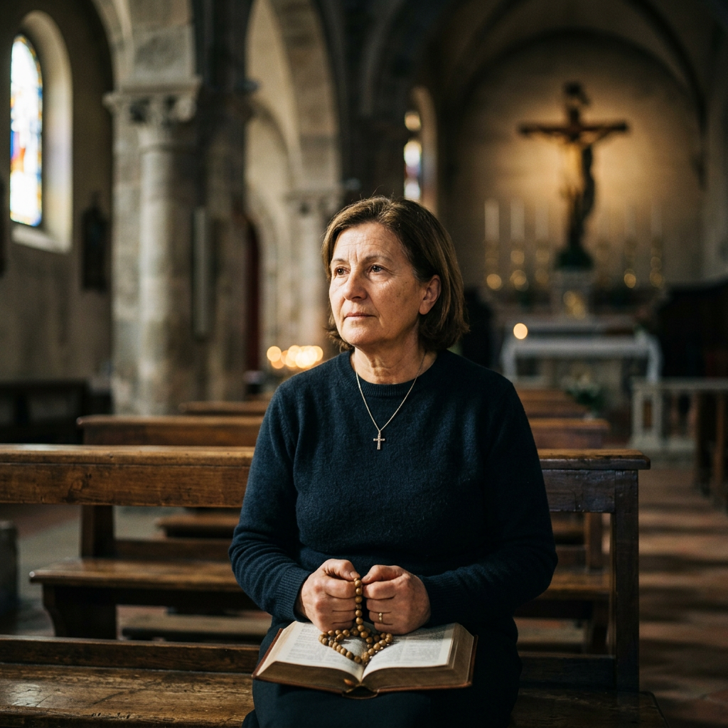 Woman praying with rosary and open Bible in a church pew